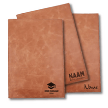 Load image into Gallery viewer, A brown leather notebook folder with a personalized name embossed on the cover.