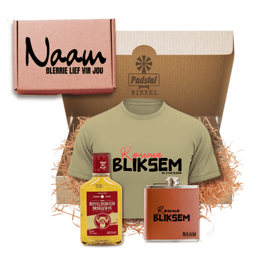 Men's Gift Box Including 1 x Rowwe Bliksem T-Shirt,  1 x Buffelsfontein 200ml and 1 x 150 ml Personalised Leather Hip Flask