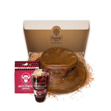 Load image into Gallery viewer, Buffel Liefde Giftbox consisting of 1 Buffelsfontein Vonkproppe Firelighters, 1 Personalised Leather Safari Hat and a 1 Buffelsfontein Glass.