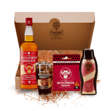 Load image into Gallery viewer, Giftbox consisting of 1 Buffelsfontein Brandy 750ml, 1 Buffelsfontein Glass, 1 Buffelsfontein Shower Gel, 400ml, 1 Buffelsfontein Firelighters