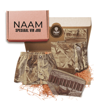 Load image into Gallery viewer, Personalised gift box consisting of camo & leather ammunition pouch, a pair of camo gaiters and camo ammo stock pouch.