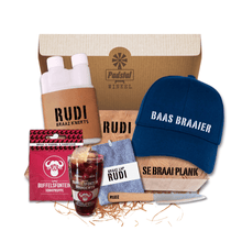 Load image into Gallery viewer, Men's Gift Box Including 1 Personalised Butchers Block, 39x24x6 1 Personalised Dispenser with Leather Sleeve, 200ml 1 Personalised Knife 1 Personalised Microfibre Braai Cloth 1 Navy Cap 1 Buffelsfontein Brandy Glass 1 Buffelsfontein Firelighters