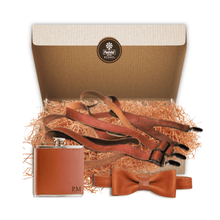 Load image into Gallery viewer, Mens leather groomsmen gift box with suspenders, bow tie and personalised hip flask