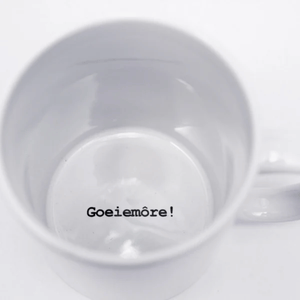Buffelsfontein Boeretroos Coffee Mug with printed 'Goeiemöre!' text on inside of mug.