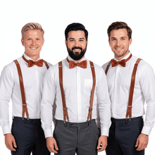 Load image into Gallery viewer, Three groomsmen wearing genuine leather tan suspenders and matching leather bow ties