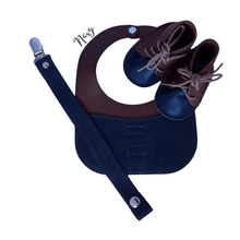 Load image into Gallery viewer, Navy Baby Leather Bib, Dummy Clip & Vellie Combo Set