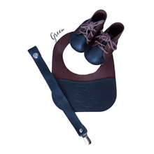Load image into Gallery viewer, Green Baby Leather Bib, Dummy Clip & Vellie Combo Set