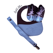 Load image into Gallery viewer, Light Blue Baby Leather Bib, Dummy Clip & Vellie Combo Set