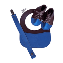Load image into Gallery viewer, Blue Baby Leather Bib, Dummy Clip & Vellie Combo Set