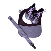 Load image into Gallery viewer, Silver Baby Leather Bib, Dummy Clip & Vellie Combo Set