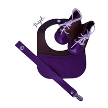 Load image into Gallery viewer, Purple Baby Leather Bib, Dummy Clip & Vellie Combo Set