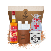 Load image into Gallery viewer, Men's Gift Box containing 1 Buffelsfontein Brandewyn, 750ml, 1 Twin Bottle Dispenser with Leather Sleeve, 1 Small Hangover Kit in Drawstring Bag & 1 Moerkoffie Enamel Tin Mug