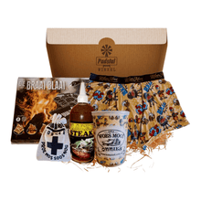 Load image into Gallery viewer, Men's Giftbox Containing 1 Braai Boxer Brief Packaged in Matching Tin with Lid, 1 Plankie Steak Garlic Sauce, 250ml, 1 Small Hangover Kit in Drawstring Bag & 1 Braai Blaai (8 Pack)