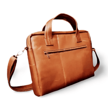 Load image into Gallery viewer, A brown leather laptop bag with two handles, a zippered closure.