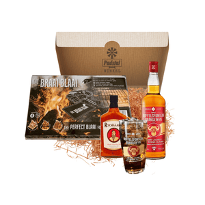 Men's Giftbox containing 1 Buffelsfontein Brandewyn, 750ml, 1 Buffelsfontein Brandy Glass, 1 Rooibaard Chilli Sauce, 250ml & 1 Braai Blaai (8 Pack)