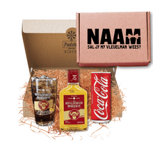 Load image into Gallery viewer, Personalised Best man or Groomsmen gift box consisting of a personalised box, 1 x Buffelsfontein Brandy Glass, 1 x Buffelsfontein 200ml and can of coca cola
