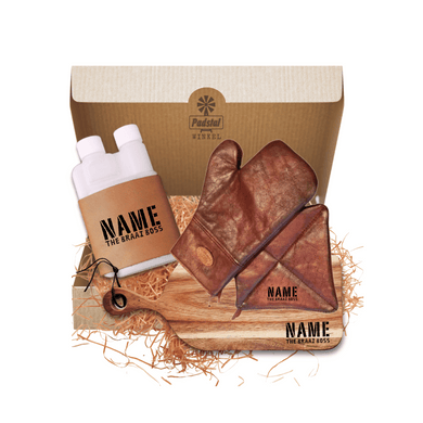 1 Personalised Twin Bottle Dispenser with Leather Sleeve(500ml), 1 Personalised Leather Braai Glove & Pot Holder and 1 Personalised Braai Plank , 39cm x 16cm 1 including a Personalised Gift Box