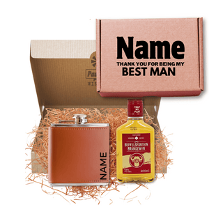 Best Man or Groomsman personalised gift box containing a branded leather hip flask and Buffelsfontein 200ml