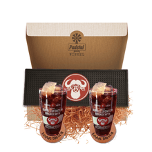 Load image into Gallery viewer, Men&#39;s Gift Box consisting of 1 Buffelsfontein Bar Mat, 15cm x 42cm, 2 Buffelsfontein Brandy Glasses, 2 Leather Coasters
