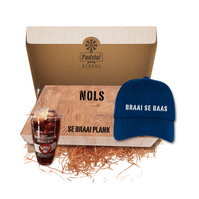 Personalised gift box containing 1 x personalised butchers block, 1 Buffelsfontein glass and a Navy  cap