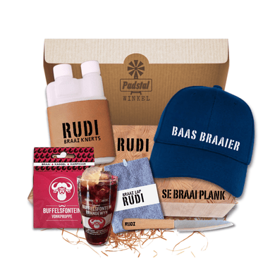 Men's Gift Box Including 1 Personalised Butchers Block, 39x24x6 1 Personalised Dispenser with Leather Sleeve, 200ml 1 Personalised Knife 1 Personalised Microfibre Braai Cloth 1 Navy Cap 1 Buffelsfontein Brandy Glass 1 Buffelsfontein Firelighters 