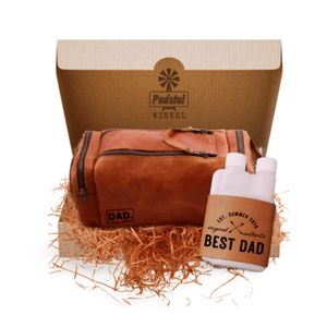 Customised Gift Box with 1 Custom Branded Leather X-Large Toiletry Bag and Custom Branded 200ml Twin Neck Dispenser Bottle with Leather Sleeve
