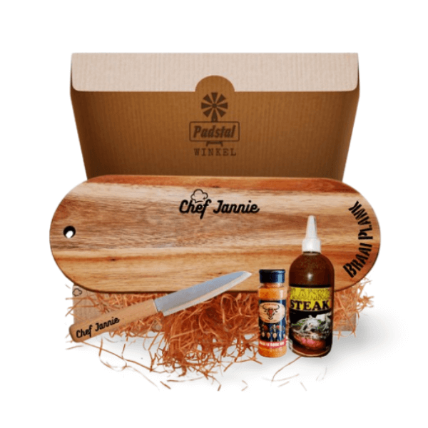 BLB69 Gift box consisting of 1 Custom Branded Braaiplank (42x15cm), 1 Custom Branded Knife, 1 Plankie Steak Sauce (200ml), 1 Vleis Vryf Meat Rub Spice (200g)