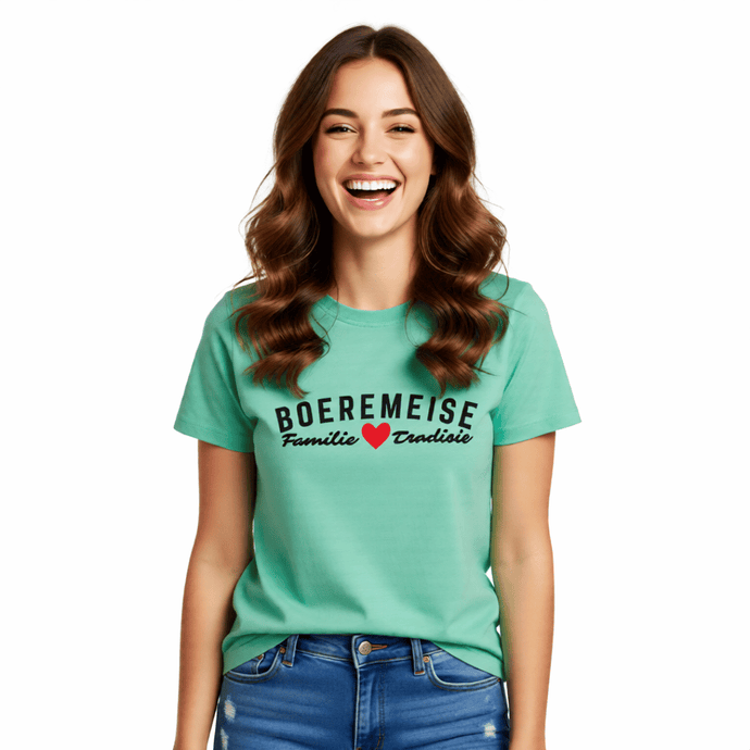 Padstal Winkel Boeremeisie Family Love & Tradition T-shirt in mint green in premium cotton.