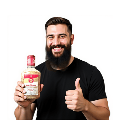 Man holding a bottle of Buffelsfontein Bosveld Braai Spice giving a thumbs up.