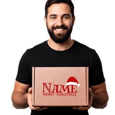 Man holding a personalised gift box with 'Merry Christmas' and personalisation with your name. Gift Packaging.