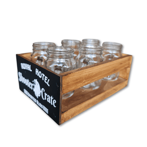 Shooter Crate with six mini glass jar bottles in wooden crate