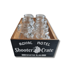 Shooter Crate with six mini glass jar bottles in wooden crate