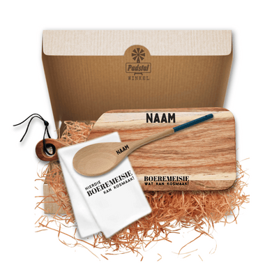 Personalised Gift Box containing 1 x Personalised Gift Box  1 x Personalised Cutting Board  1 x Personalised Wooden Spoon 1 x Boeremeisie Kitchen Towel