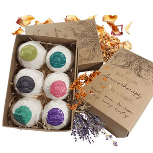 Aromatherapy Bath Fizzer Gift Box Contains Six Tissue Wrapped Herbal Bath Fizzers with Lavender, Chamomile, Rose, Lemongrass, Ylang-Ylang, Hibiscus & Jasmine