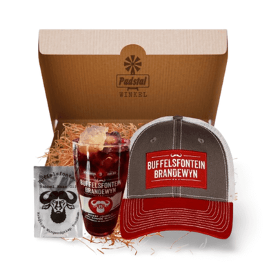 Men's Gift Box Including Buffelsfontein Red & Grey Cap, Brandy Glass and Hangover Recovery Sachet