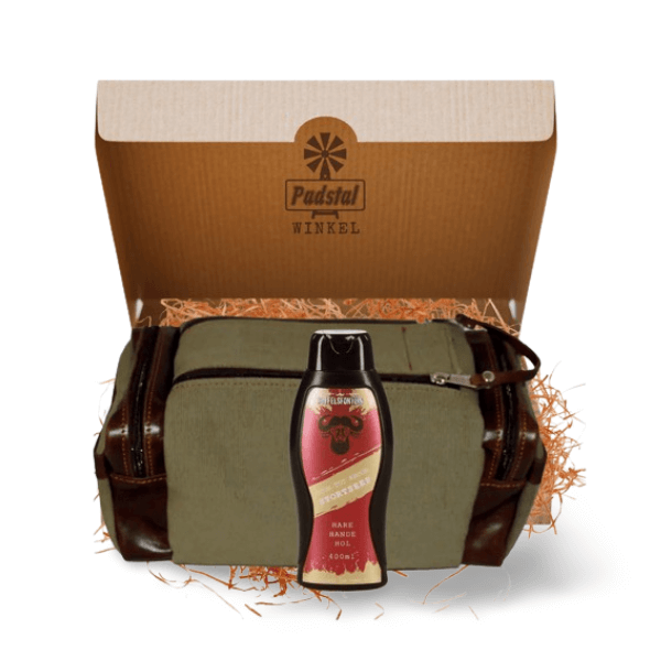Men's giftbox containing 1 Canvas & Leather Toiletry Bag (XL) & 1 Buffelsfontein Shower Gel