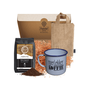 Men's Gift Box containing 1 Stofpad Langpad Moerkoffie, 250g, 1 Moerlekker Koffie Enamel Tin Coffee & Mug 1 Coffee Bag with Zip