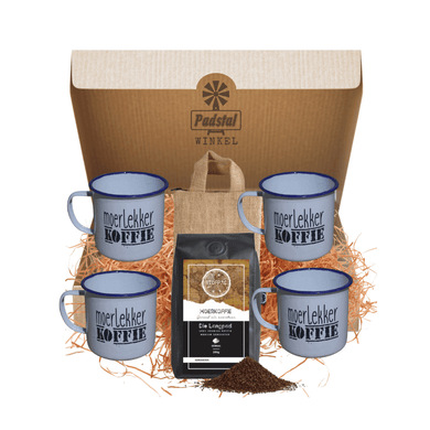 Gift Box containing 1 Stofpad Langpad Moerkoffie, 250g, 4 Moerlekker Koffie Enamel Tin Coffee Mug & 1 Coffee Bag with Zip
