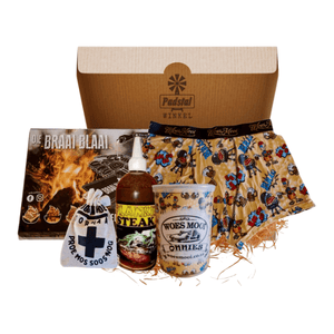 Men's Giftbox Containing 1 Braai Boxer Brief Packaged in Matching Tin with Lid, 1 Plankie Steak Garlic Sauce, 250ml, 1 Small Hangover Kit in Drawstring Bag & 1 Braai Blaai (8 Pack)