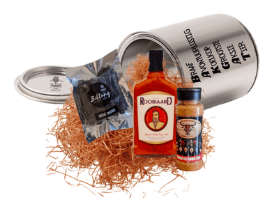 Spoil Tin containing 1 Rooibaard Chilli Sous, 375ml,  1 Packet Dry Wors 1 & Vleis Vryf - Braai & Smoke Rub, 200g