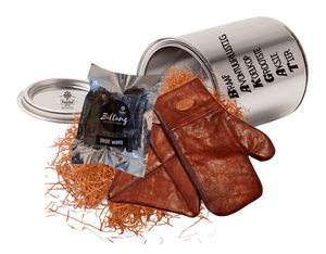 Spoil Tin containing 1 Packet Dry Wors & 1 Woesmooi Leather Braai Glove & Pot Holder