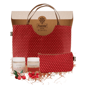Gif Box containing 1 x Red Shwe Cut-Out Bag, 55 cm x 35 cm x 12 cm (W/H/D) 1 x Red Shwe Rectangular Toiletry Bag , 20 cm x 12 cm x 10 cm (W/H/D) 1 x 50g Litchi Flavoured Lip Scrub 1 x 50g Raspberry Flavoured Lip Scrub