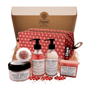 Gift Box containing 1 x Red Shwe Rectangular Toiletry Bag , 20 cm x 12 cm x 10 cm (W/H/D) 1 x 200ml Wild Berry Hand & Body Cream 1 x 200ml Wild Berry Body Wash 1 x 150g Wild Berry Glycerine Soap on a rope with Black Poppy Seeds 1 x 250g Wild Berry Sugar Body Scrub with Black Poppy Seeds 1 x Wild Berry Tissue Wrapped Bath Fizzer